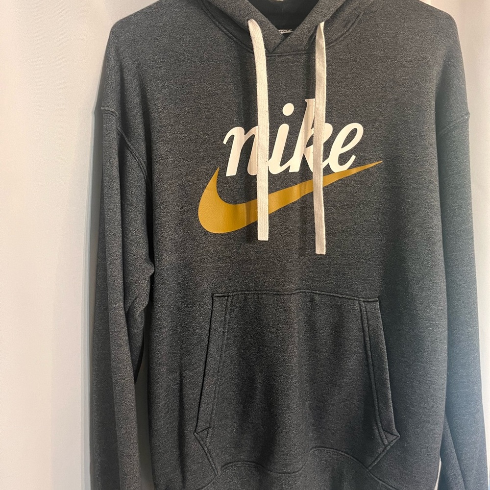 Nike Men's Charcoal Hoodie with Gold Swoosh Small